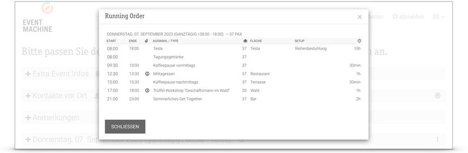 Running Order Vorschau zur Überprüfung des Ablaufs der Veranstaltung