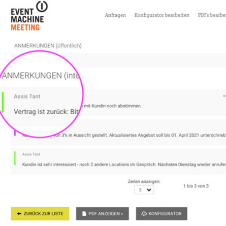 Interne Anmerkungen an Konfigurationen anfügen, um den Verlauf eines Events zu dokumentieren - eventmachine