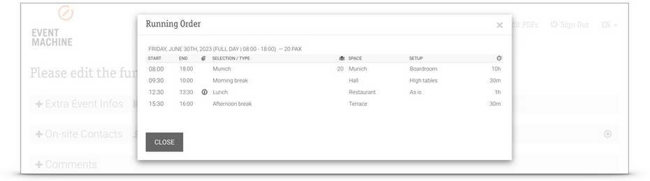 Running order preview to check the flow of the event