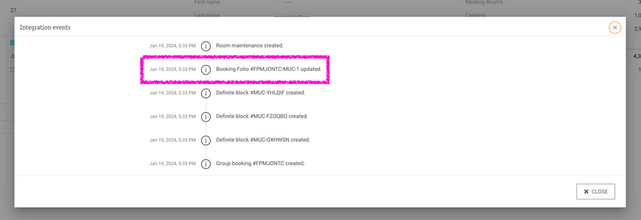 "Integration events" log with extended information on folios and blocks